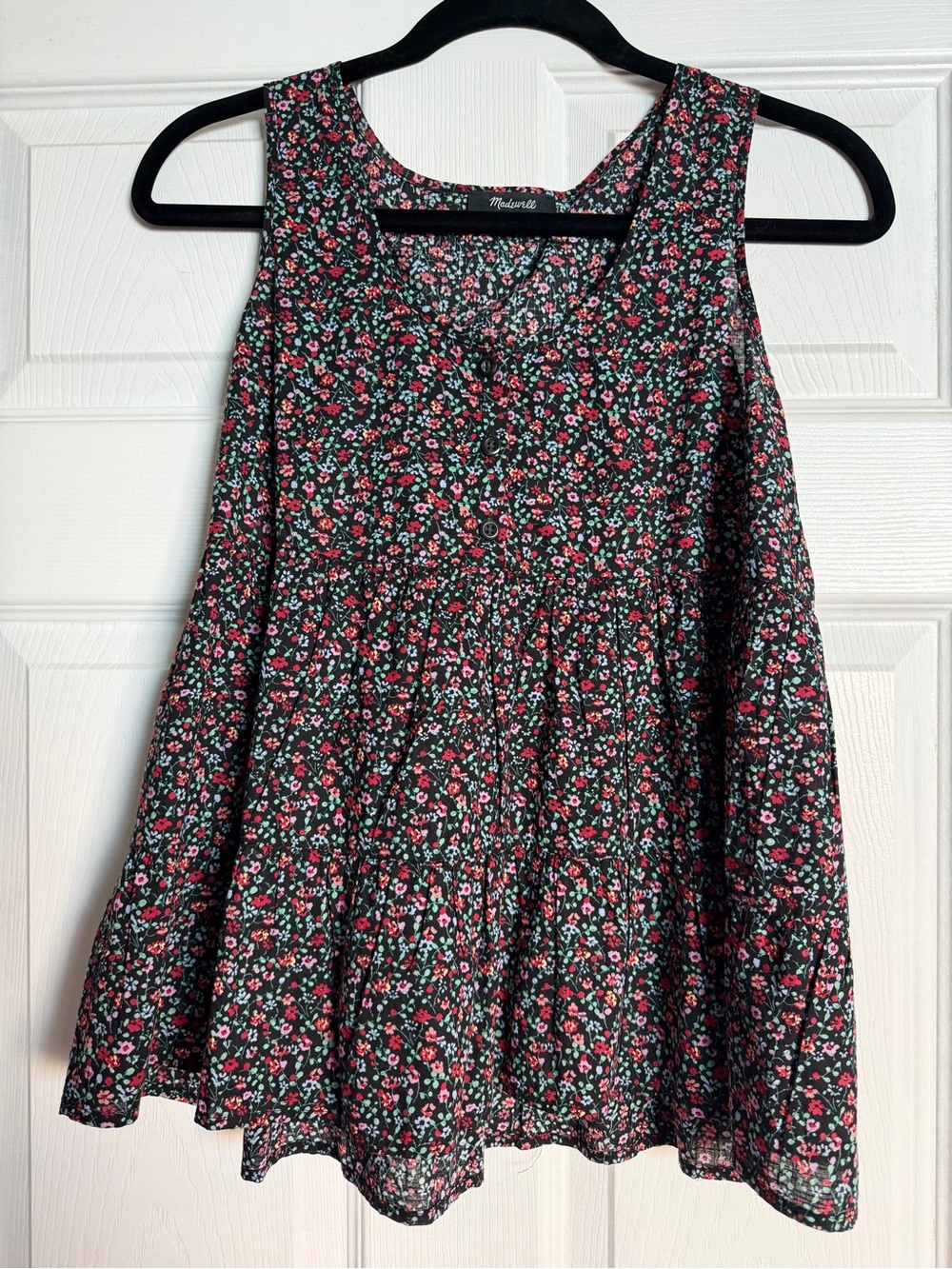 Madewell Black Floral Button-Front Tank with Pink & Mint Accents